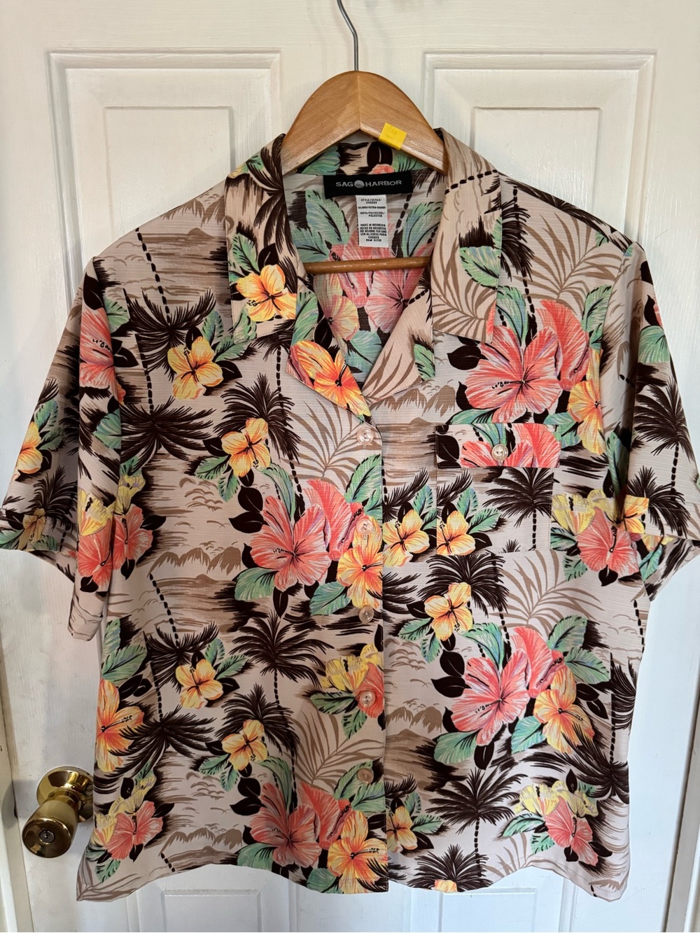 Sag Harbor Beige Tropical Floral Camp Shirt with Coral and Yellow Blooms